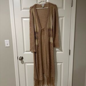 Long leather and crocheted duster.